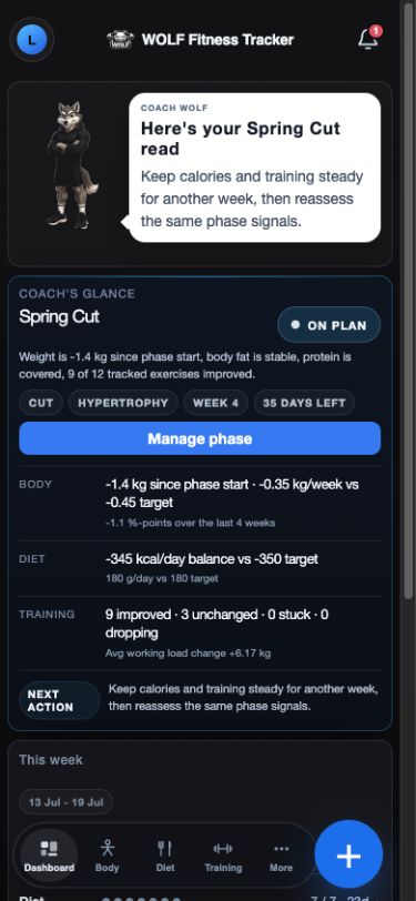WOLF mobile Overview showing Coach Wolf assessing a Spring Cut target as on plan